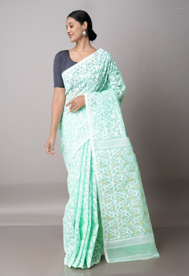 Light Green Pure Handloom Jamdhani Bengal Cotton Saree-UNM68961