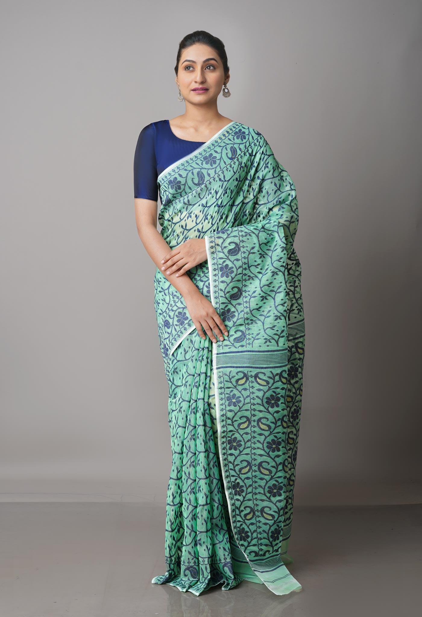 Pale Green Pure Handloom Jamdhani Bengal Cotton Saree-UNM68962