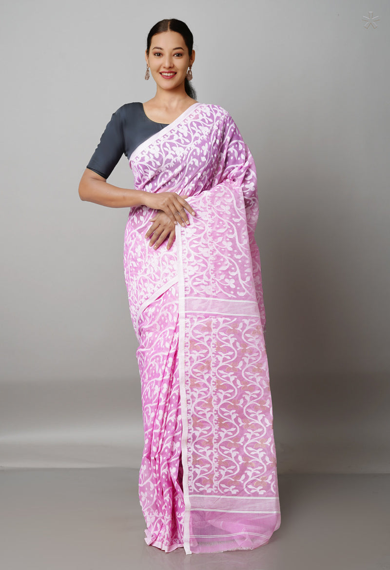 Baby Pink Pure Handloom Jamdhani Bengal Cotton Saree-UNM68964