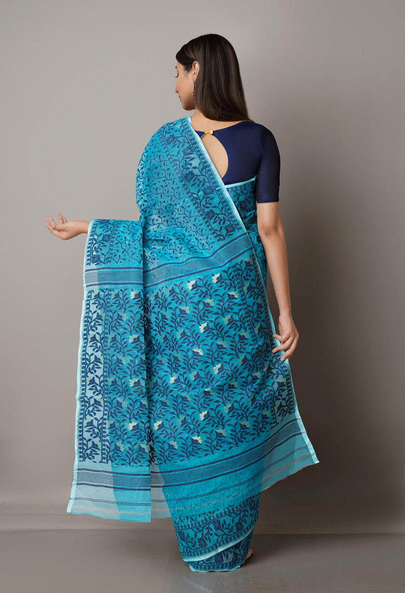 Blue Pure Handloom Jamdhani Bengal Cotton Saree-UNM68966