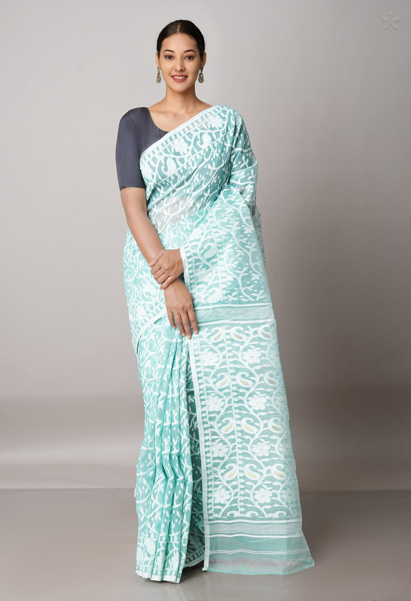 Pastel Turquoise Green Pure Handloom Jamdhani Bengal Cotton Saree-UNM68967