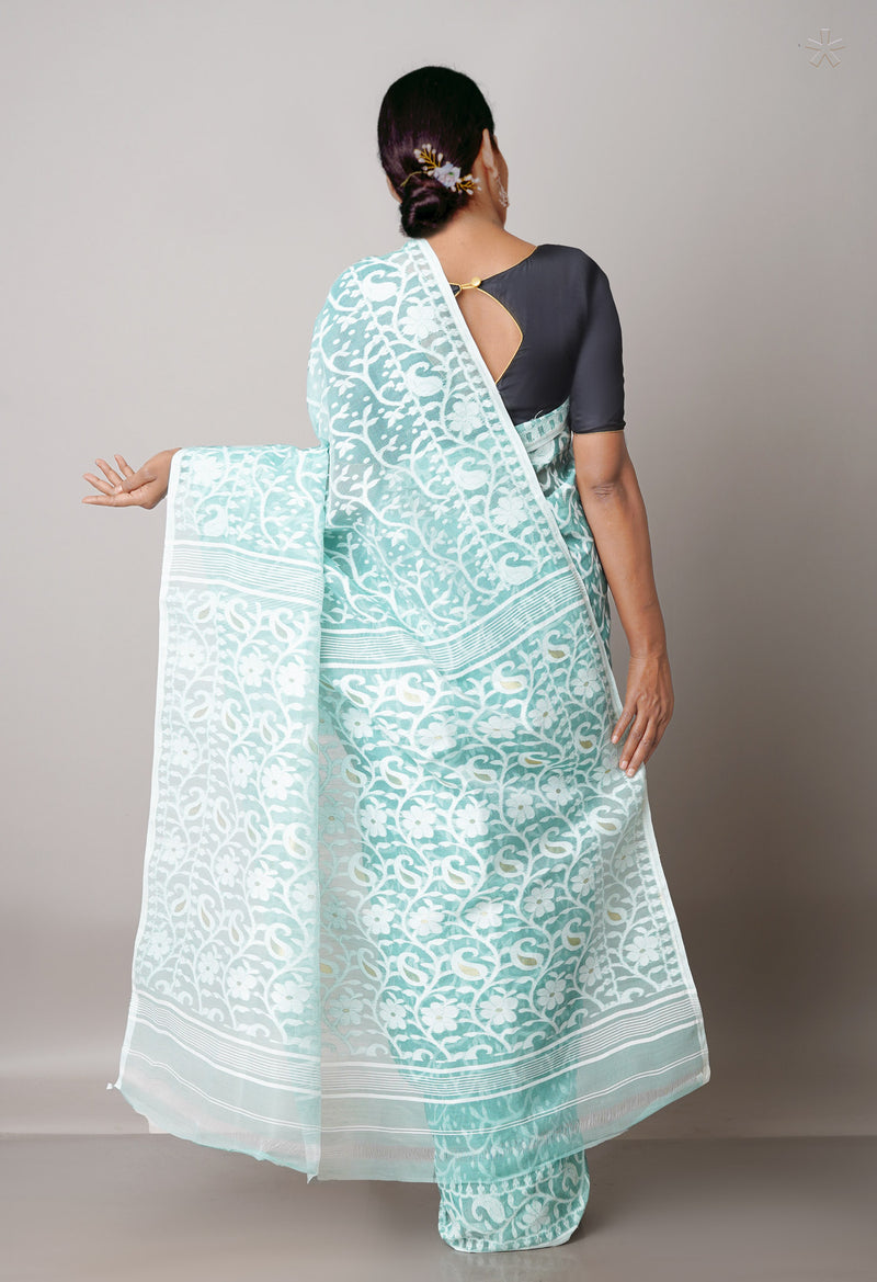 Pastel Turquoise Green Pure Handloom Jamdhani Bengal Cotton Saree-UNM68967