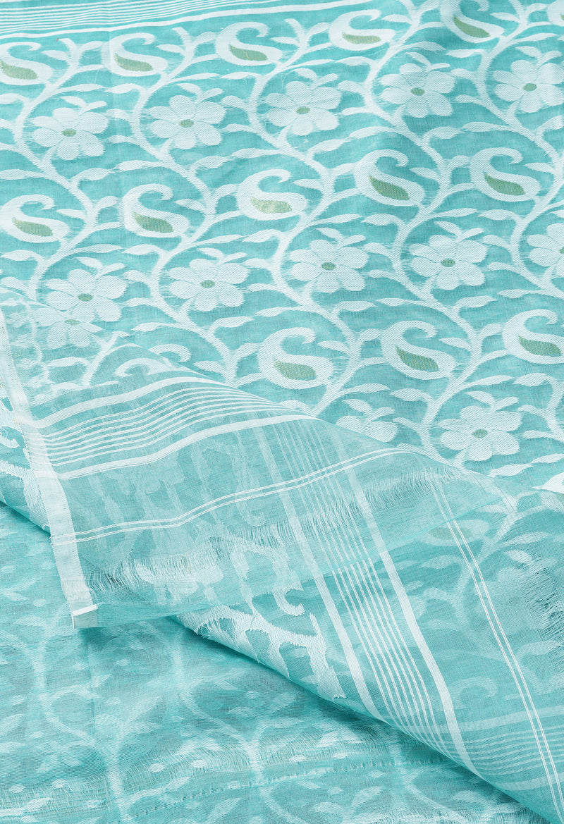 Pastel Turquoise Green Pure Handloom Jamdhani Bengal Cotton Saree-UNM68967