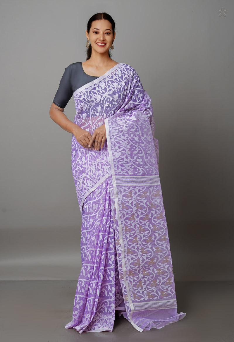 Pastel Lavender Pure Handloom Jamdhani Bengal Cotton Saree-UNM68968