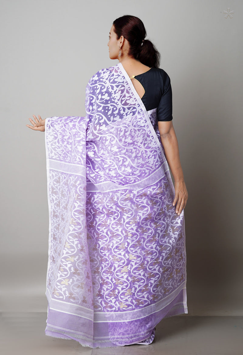 Pastel Lavender Pure Handloom Jamdhani Bengal Cotton Saree-UNM68968