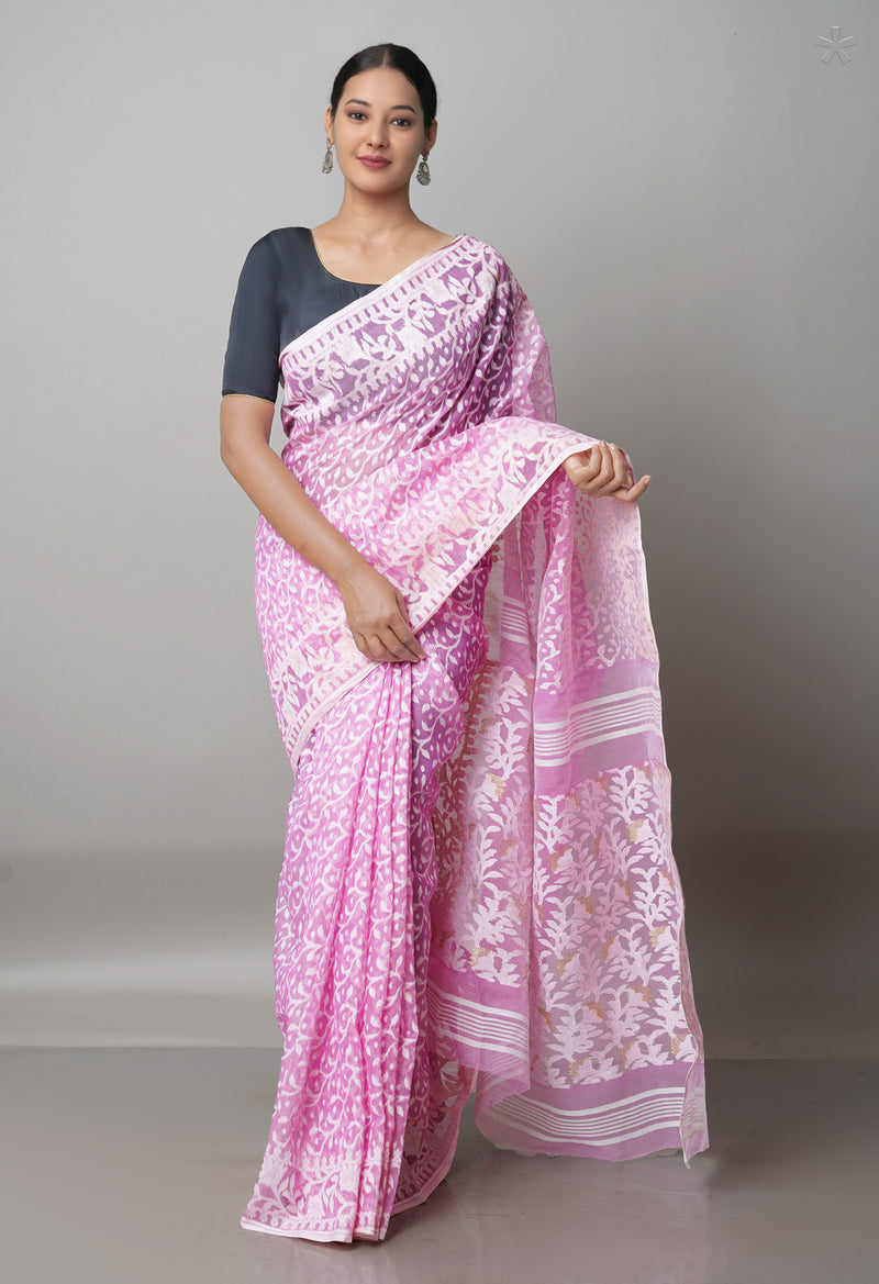 Baby Pink Pure Handloom Jamdhani Bengal Cotton Saree-UNM68970