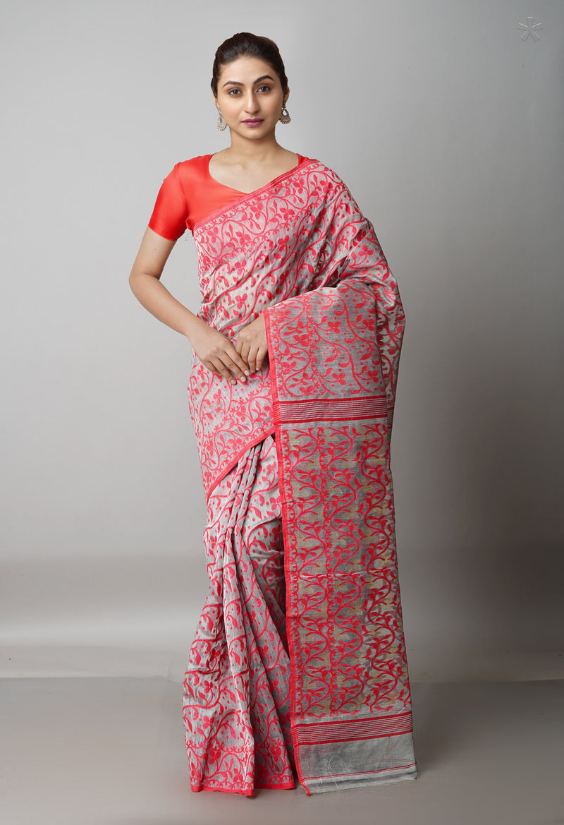 Grey Pure Handloom Jamdhani Bengal Cotton Saree-UNM68971