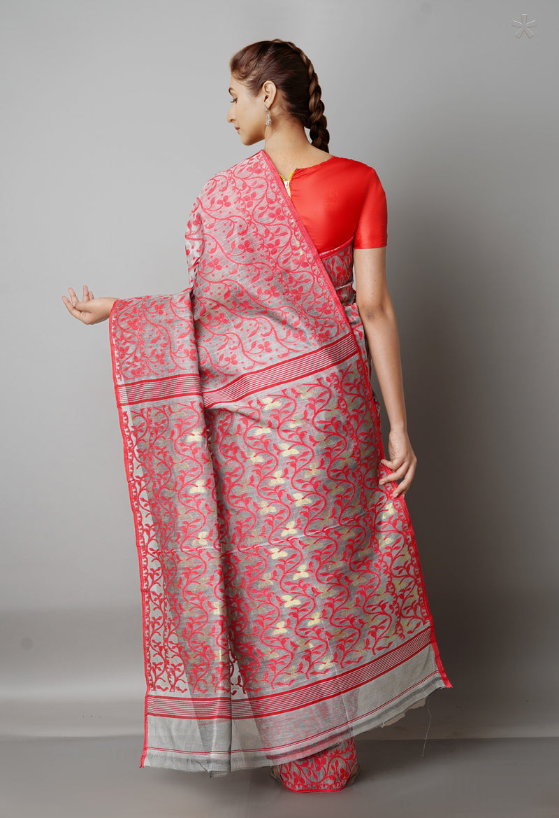 Grey Pure Handloom Jamdhani Bengal Cotton Saree-UNM68971