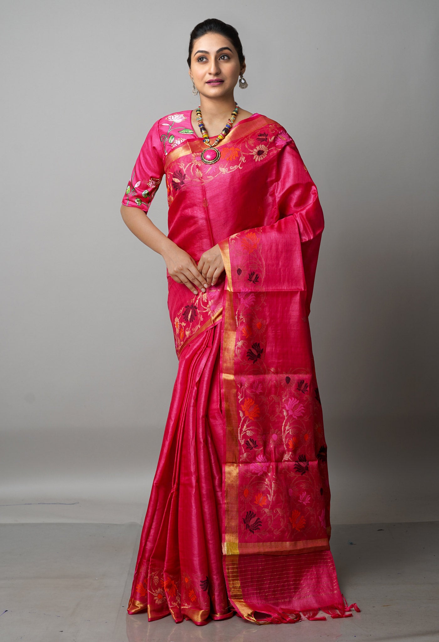 Peach Red Pure Handloom Bengal Tussar Silk Saree-UNM68975
