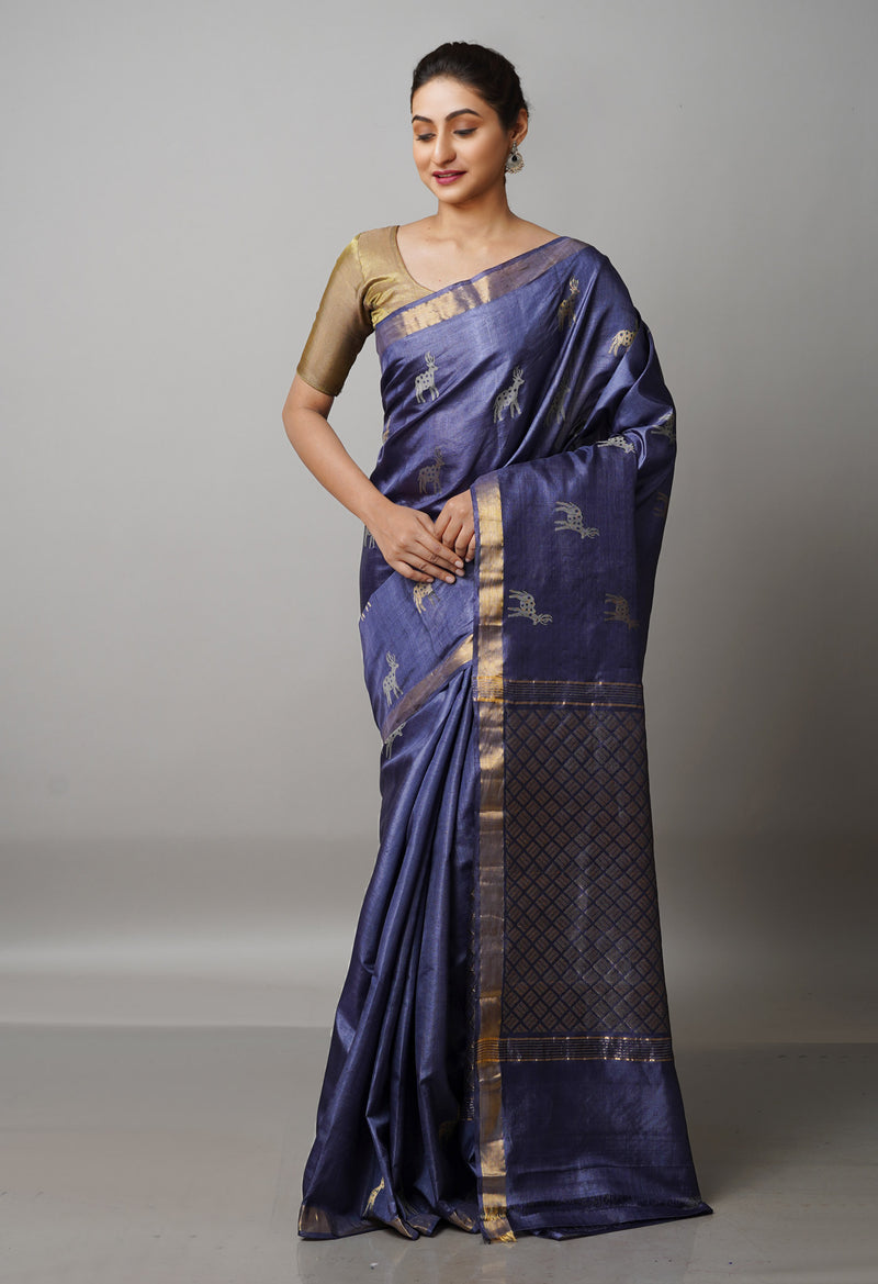 Pewter Grey Pure Handloom Bengal Tussar Silk Saree-UNM68976