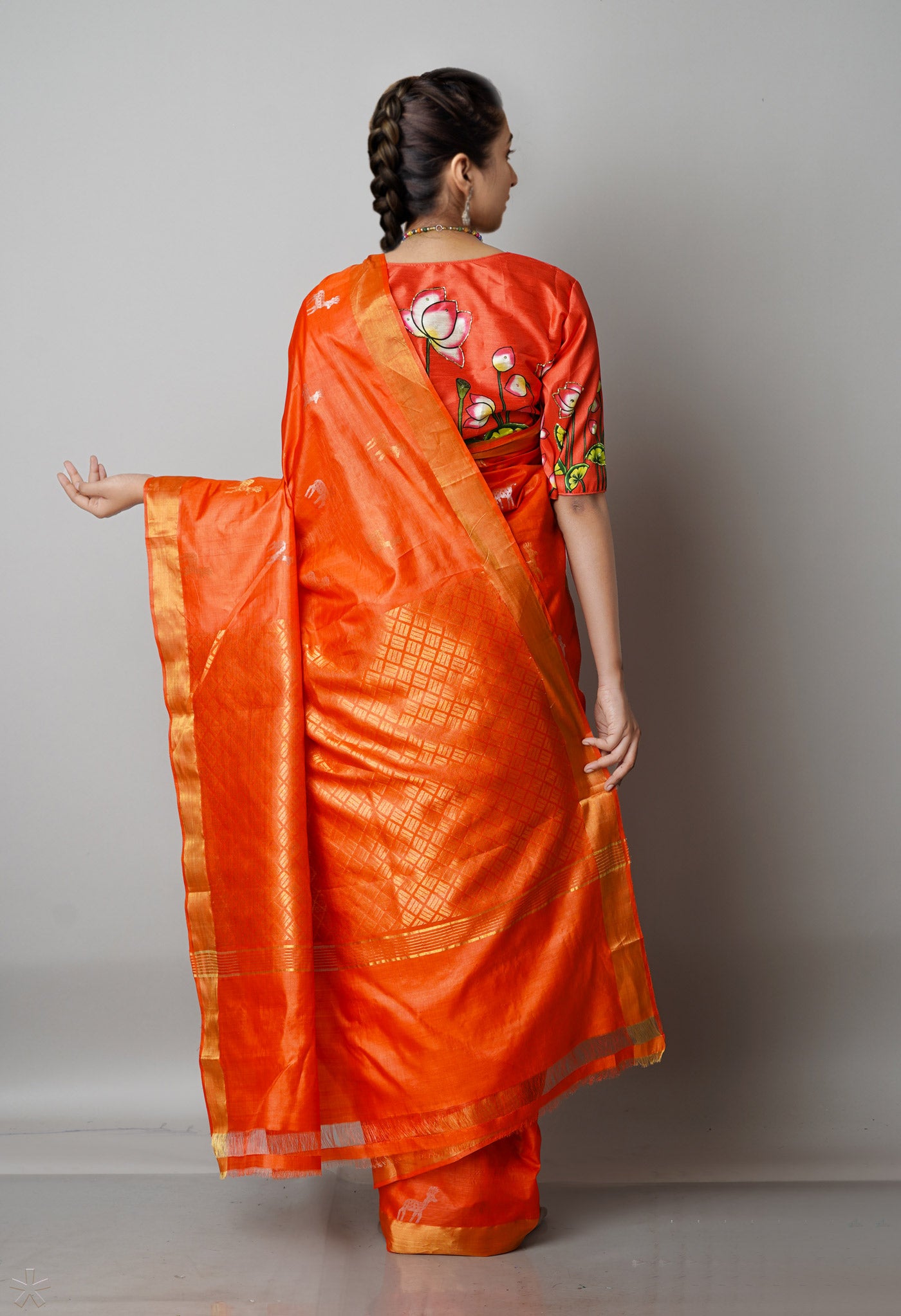 Bold Orange Pure Handloom Bengal Tussar Silk Saree-UNM68977