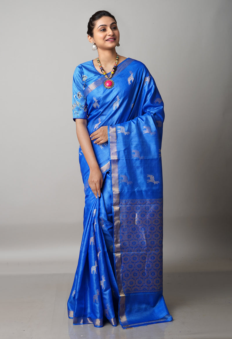 Royal Blue Pure Handloom Bengal Tussar Silk Saree-UNM68978