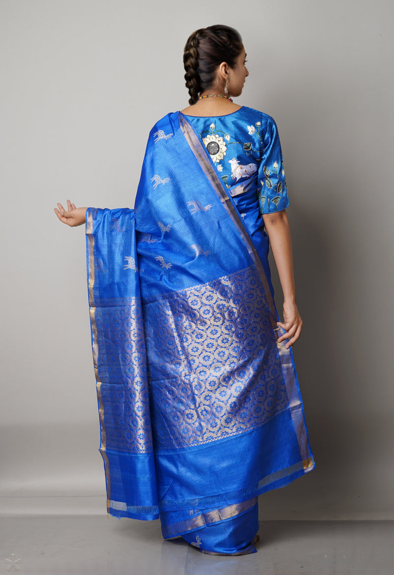 Royal Blue Pure Handloom Bengal Tussar Silk Saree-UNM68978