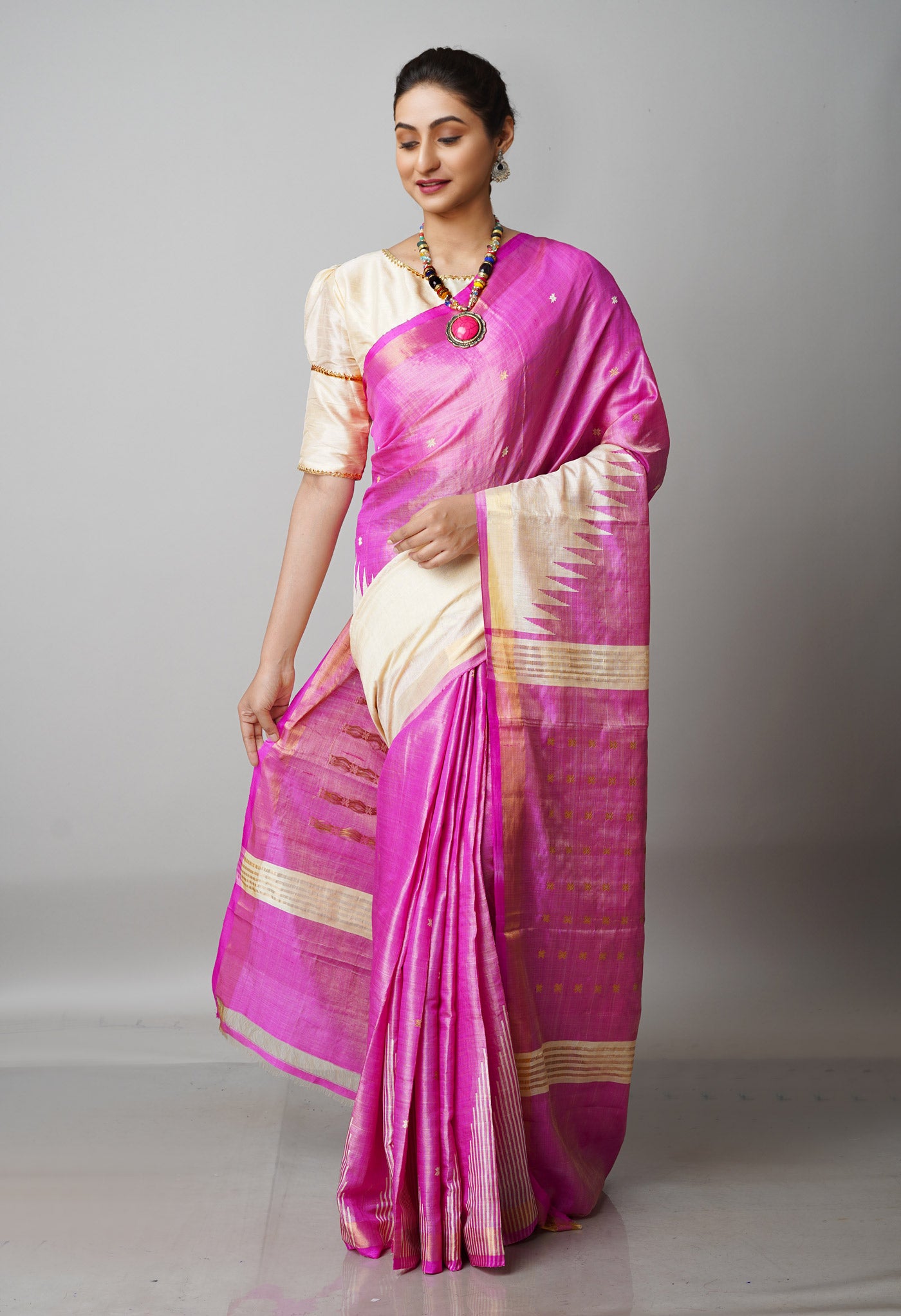 Magenta Pink-Cream Pure Handloom Bengal Tussar Silk Saree-UNM68982