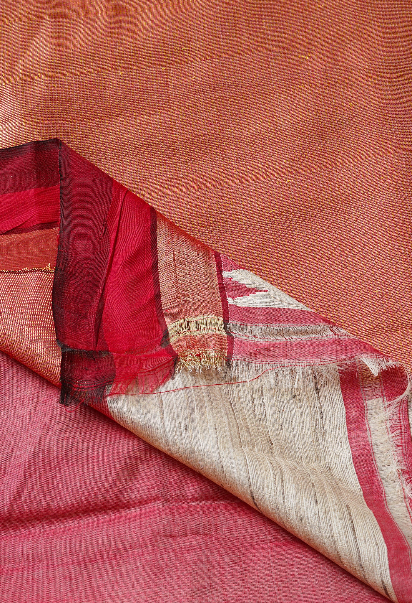 Beige-Red Pure Handloom Bengal Tussar Jute Saree-UNM68987