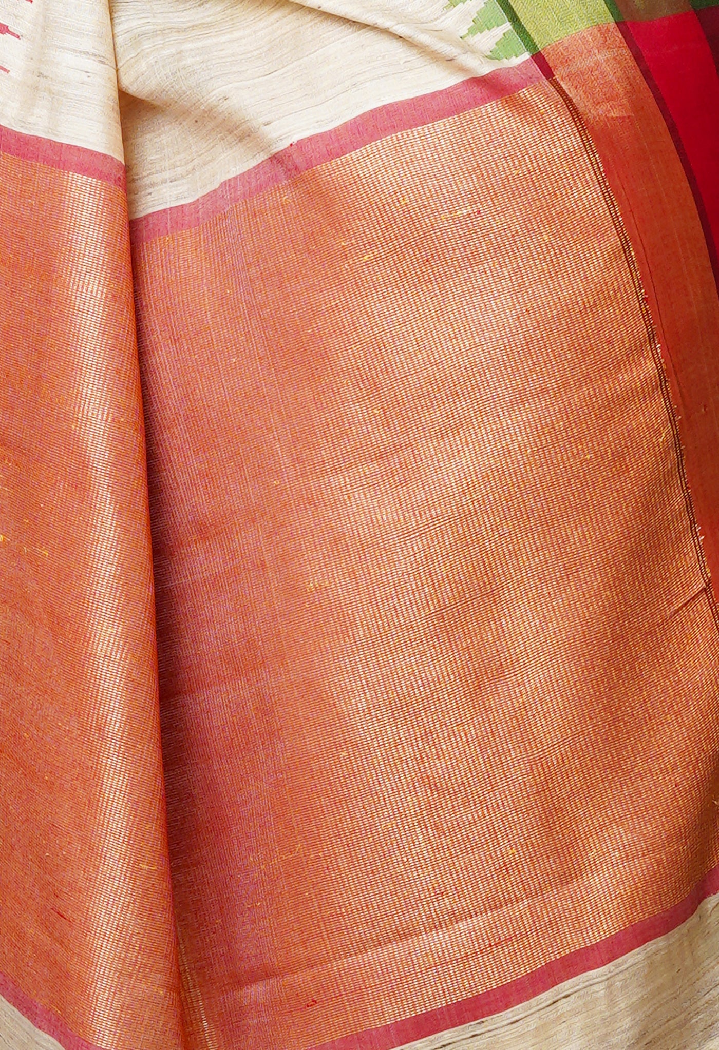 Beige-Red Pure Handloom Bengal Tussar Jute Saree-UNM68987