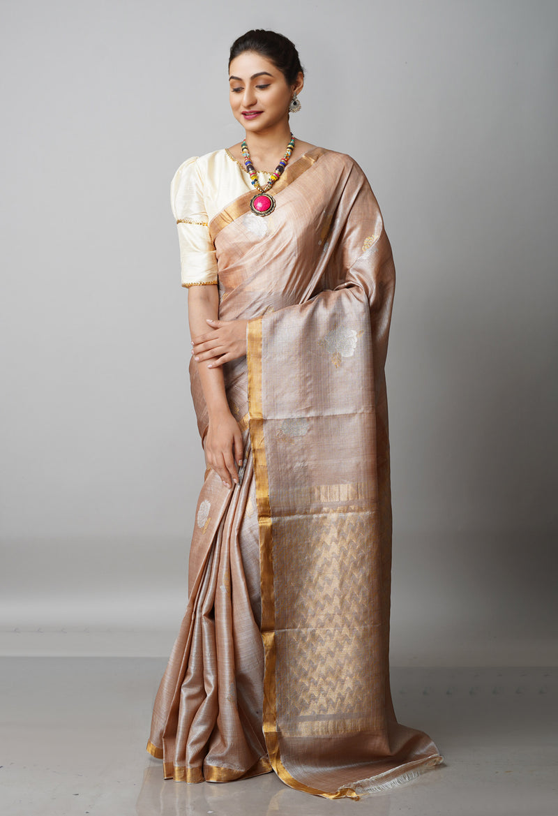 Pale Cashmere Cream Pure Handloom Bengal Tussar Silk Saree-UNM68989