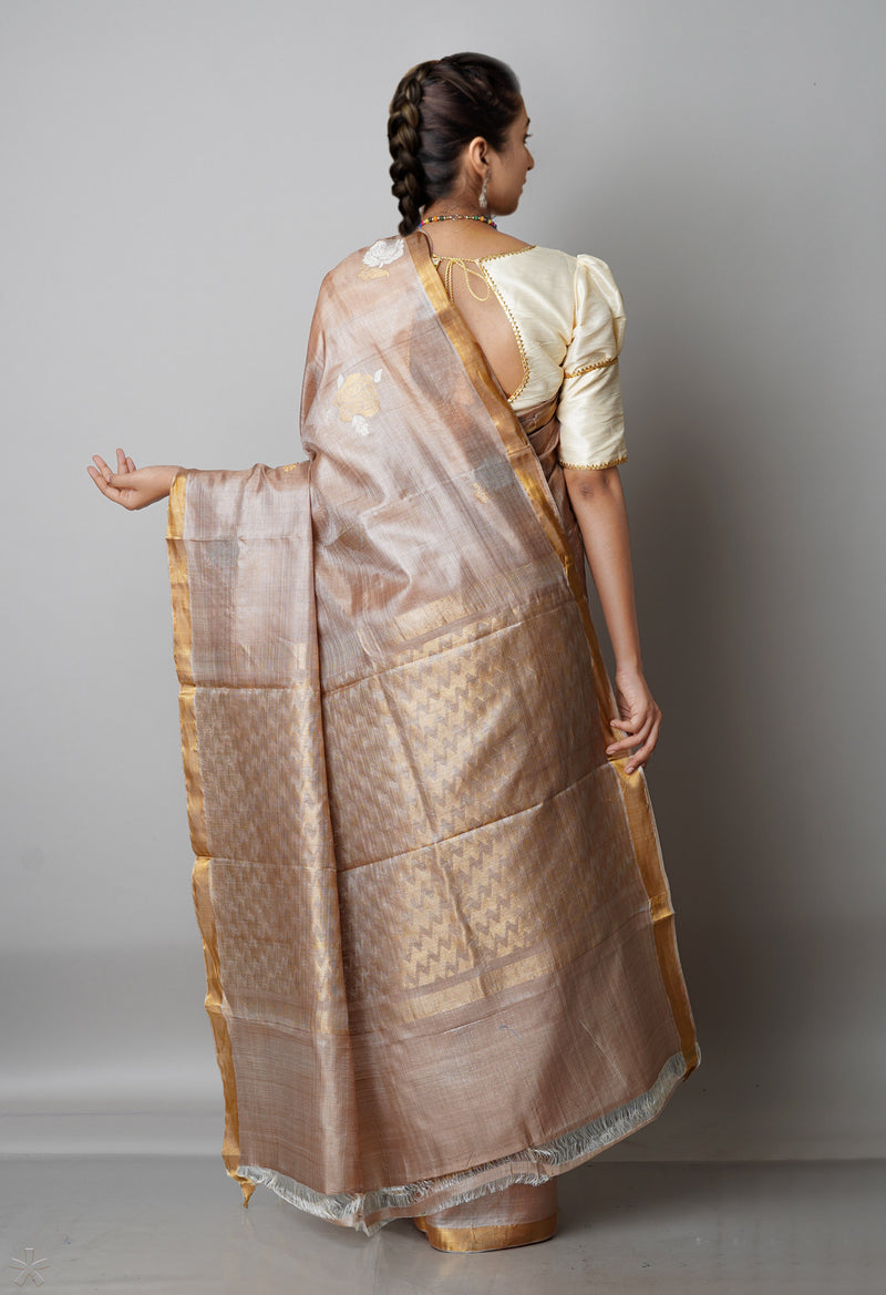 Pale Cashmere Cream Pure Handloom Bengal Tussar Silk Saree-UNM68989