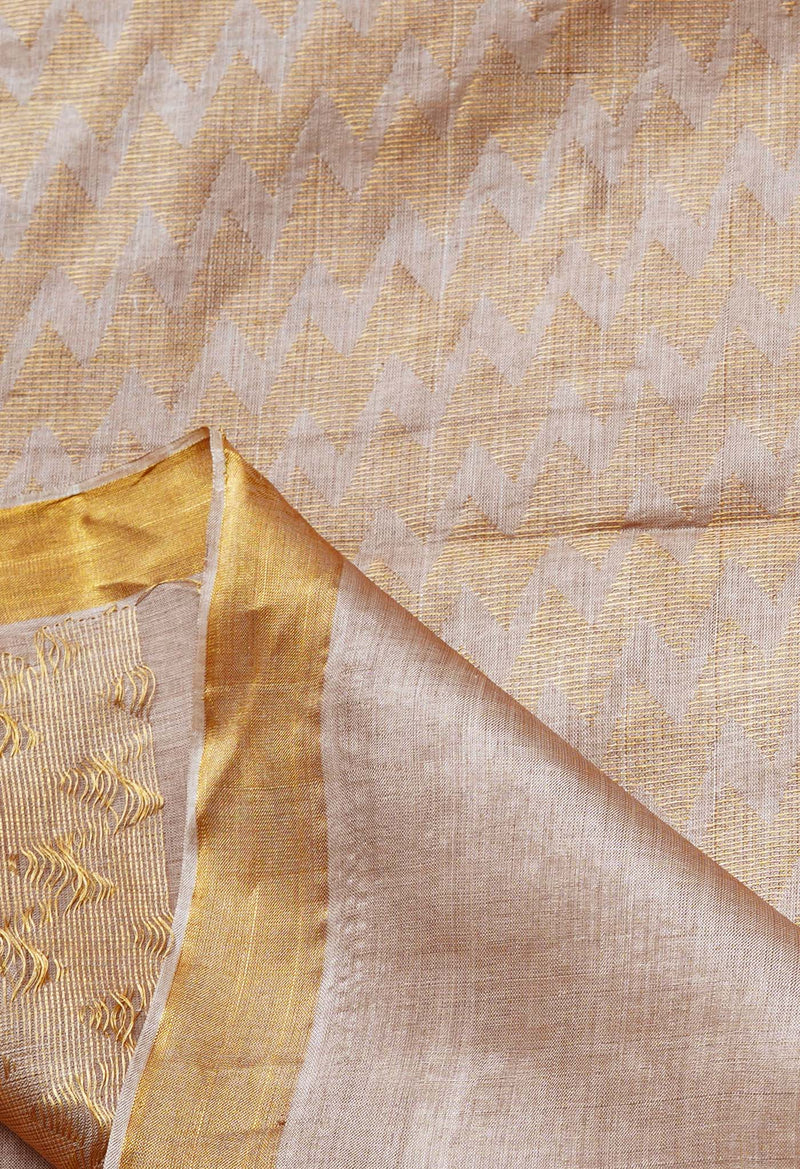 Pale Cashmere Cream Pure Handloom Bengal Tussar Silk Saree-UNM68989