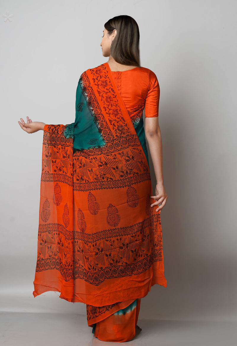 Green-Orange  Diamond Chiffion Rapid Hand Block Printed Silk Saree-UNM68990