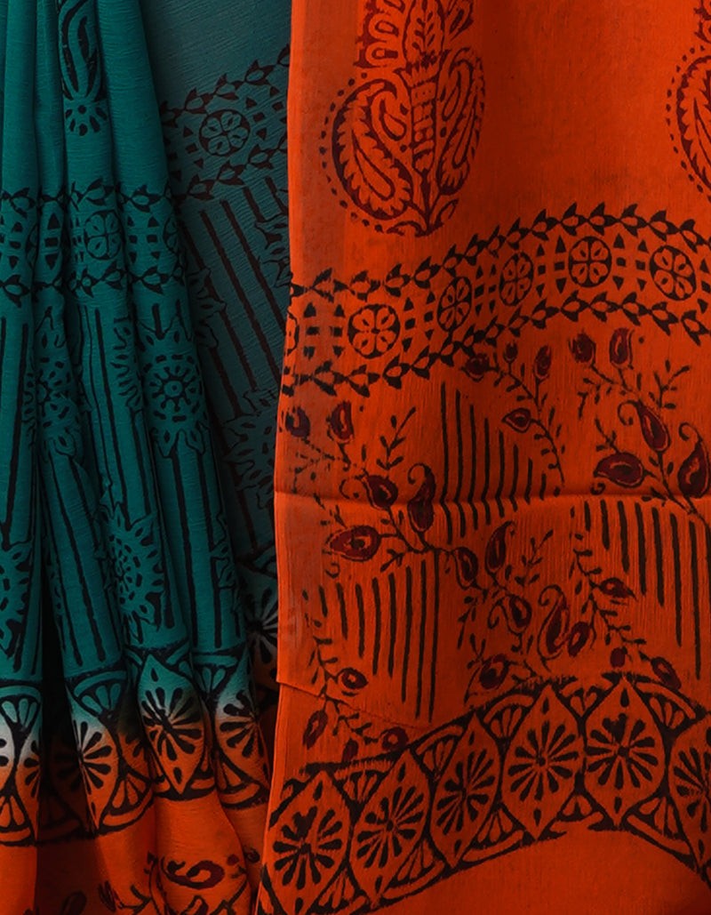 Green-Orange  Diamond Chiffion Rapid Hand Block Printed Silk Saree-UNM68990