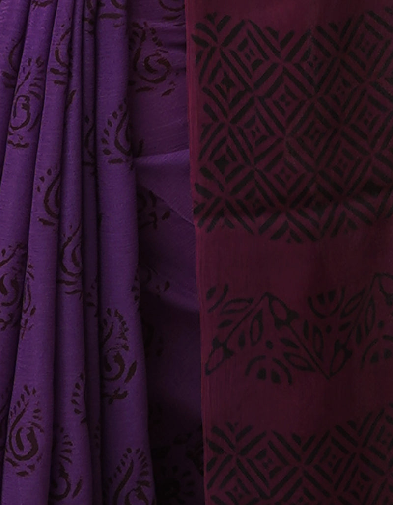 Dark Purple  Diamond Chiffion Rapid Hand Block Printed Silk Saree-UNM68991