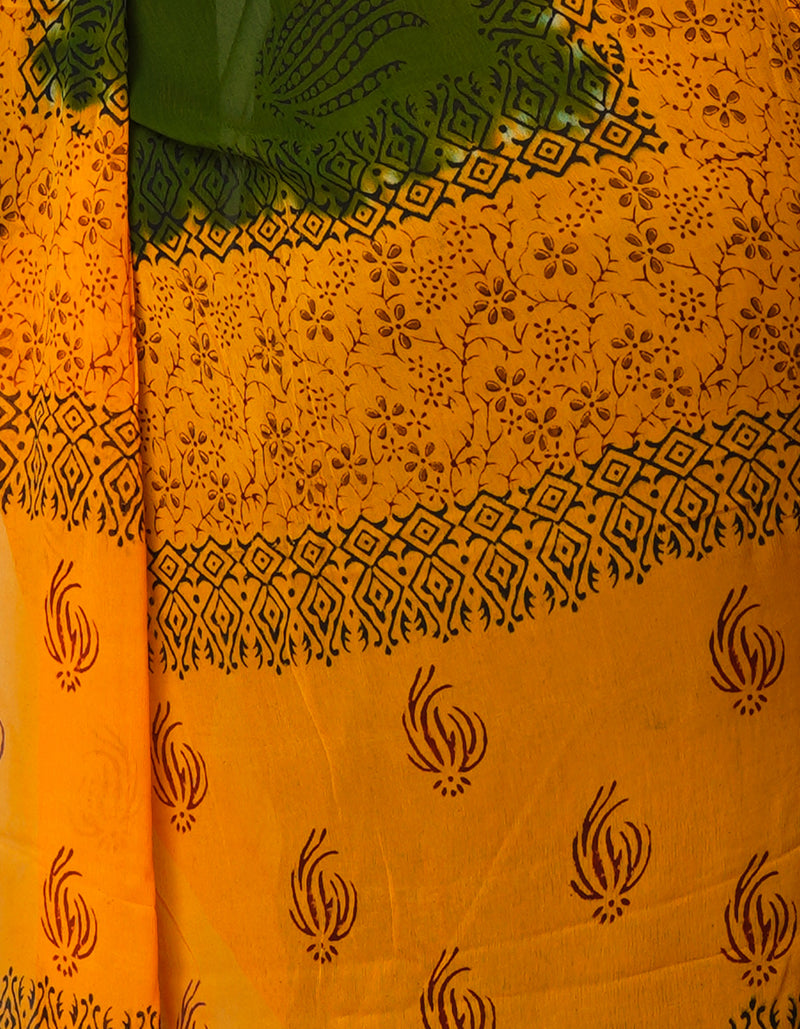 Olive Green-Yellow  Diamond Chiffion Rapid Hand Block Printed Silk Saree-UNM68997
