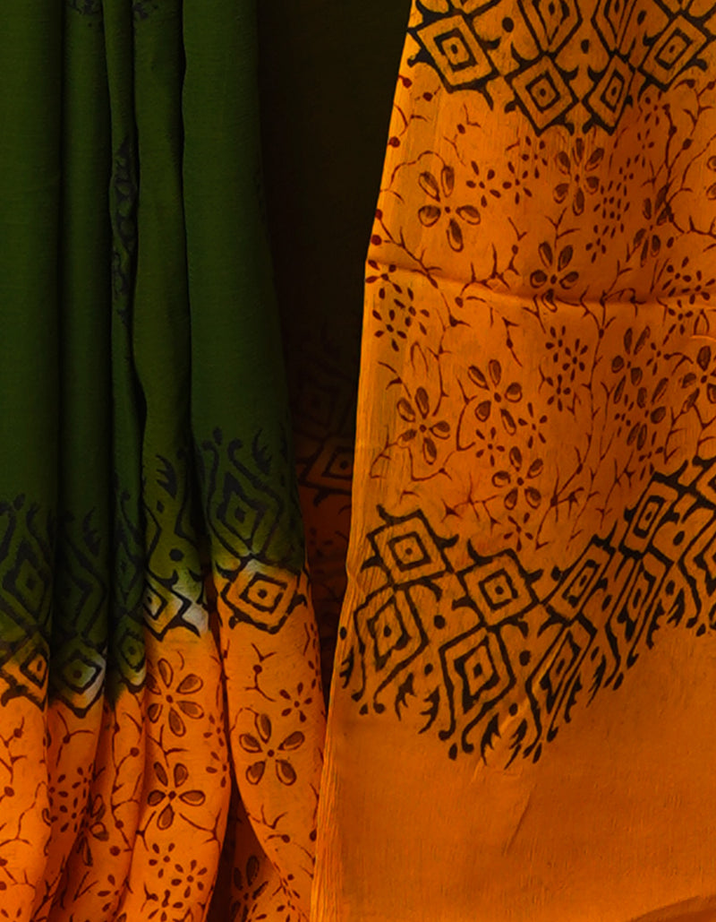 Olive Green-Yellow  Diamond Chiffion Rapid Hand Block Printed Silk Saree-UNM68997