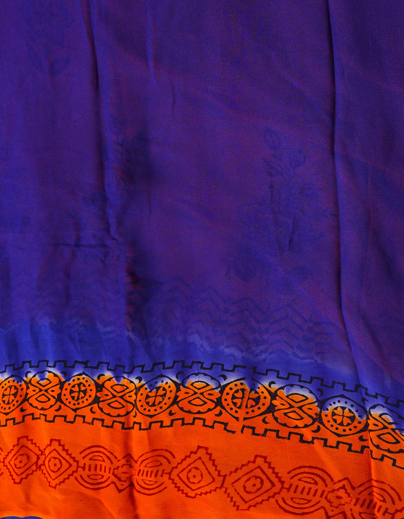 Orange-Dark Blue  Diamond Chiffion Rapid Hand Block Printed Silk Saree-UNM69002