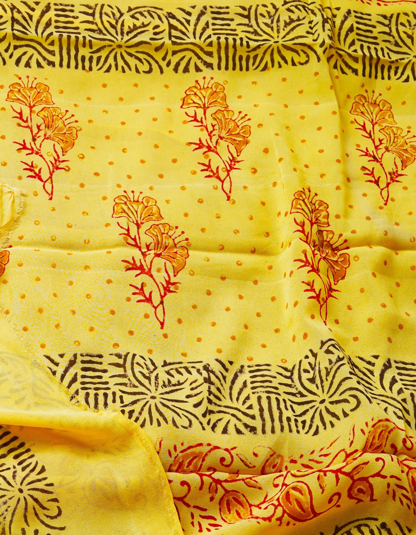 Purple-Yellow Georgette Rapid Hand Block Printed Silk Saree