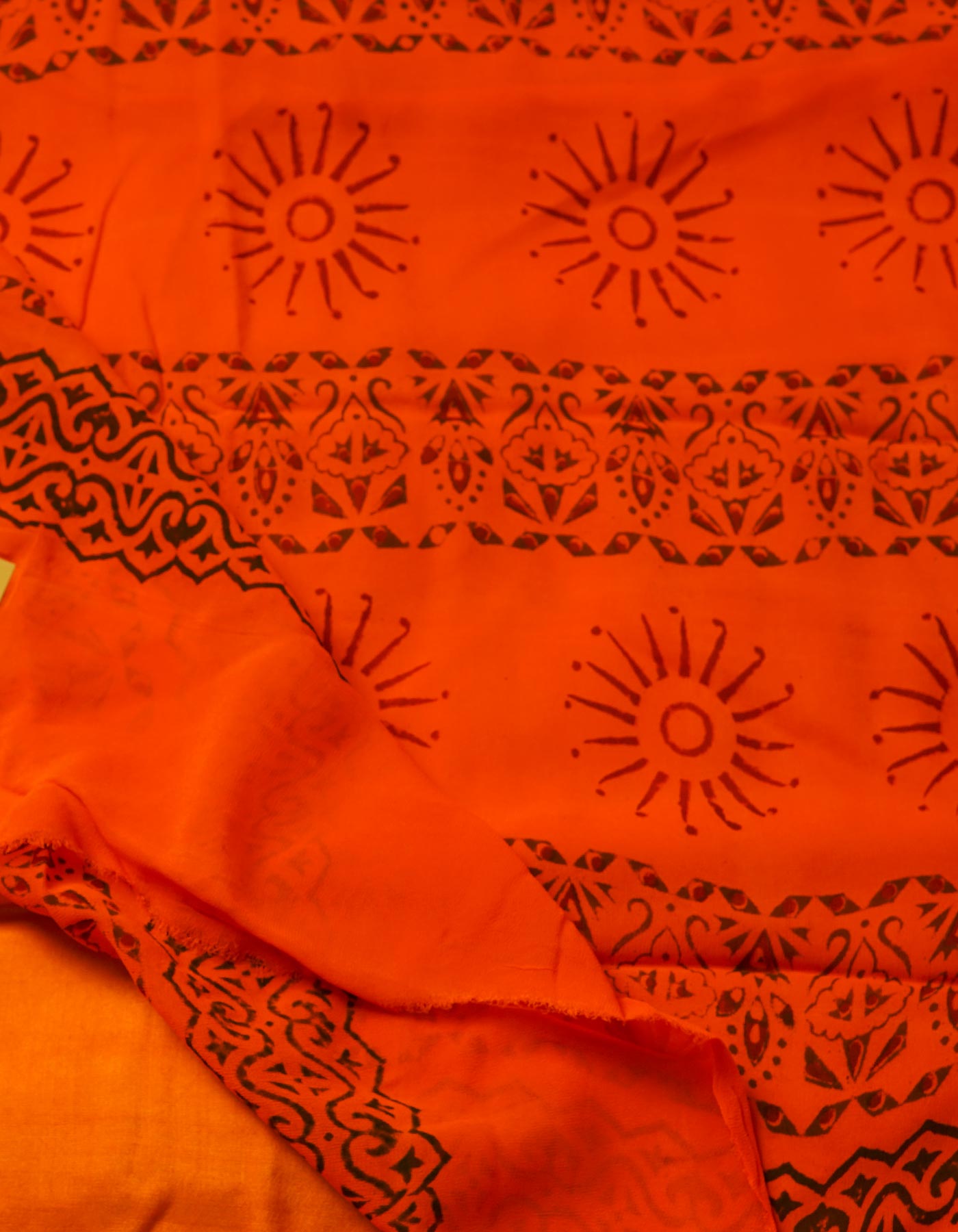 Green-Orange Georgette Rapid Hand Block Printed Silk Saree