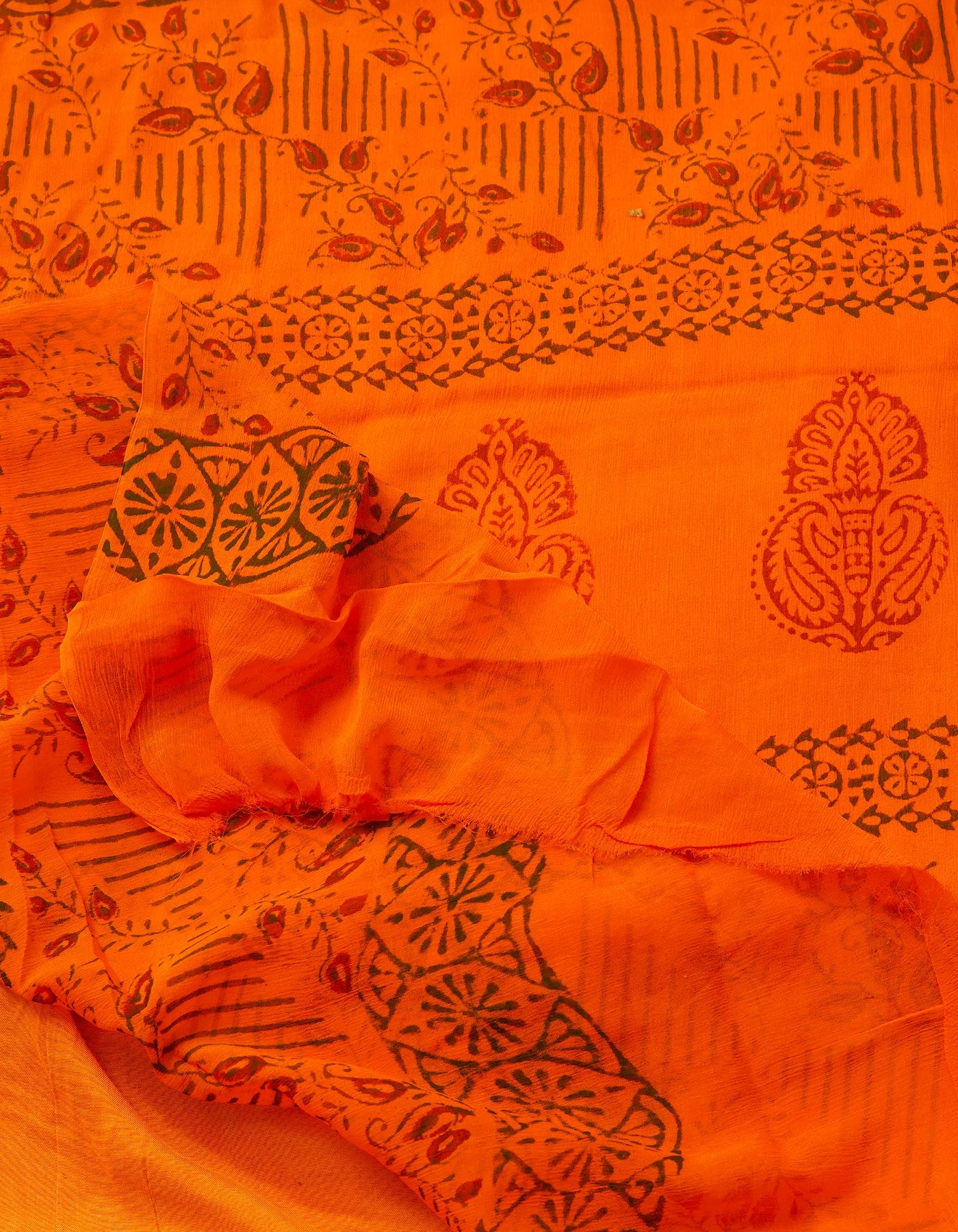 Green-Orange  Georgette Rapid Hand Block Printed Silk Saree-UNM69011