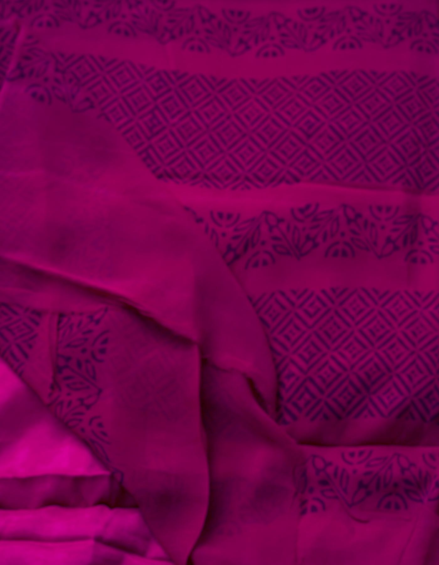 Purple-Dark Purple  Georgette Rapid Hand Block Printed Silk Saree-UNM69012
