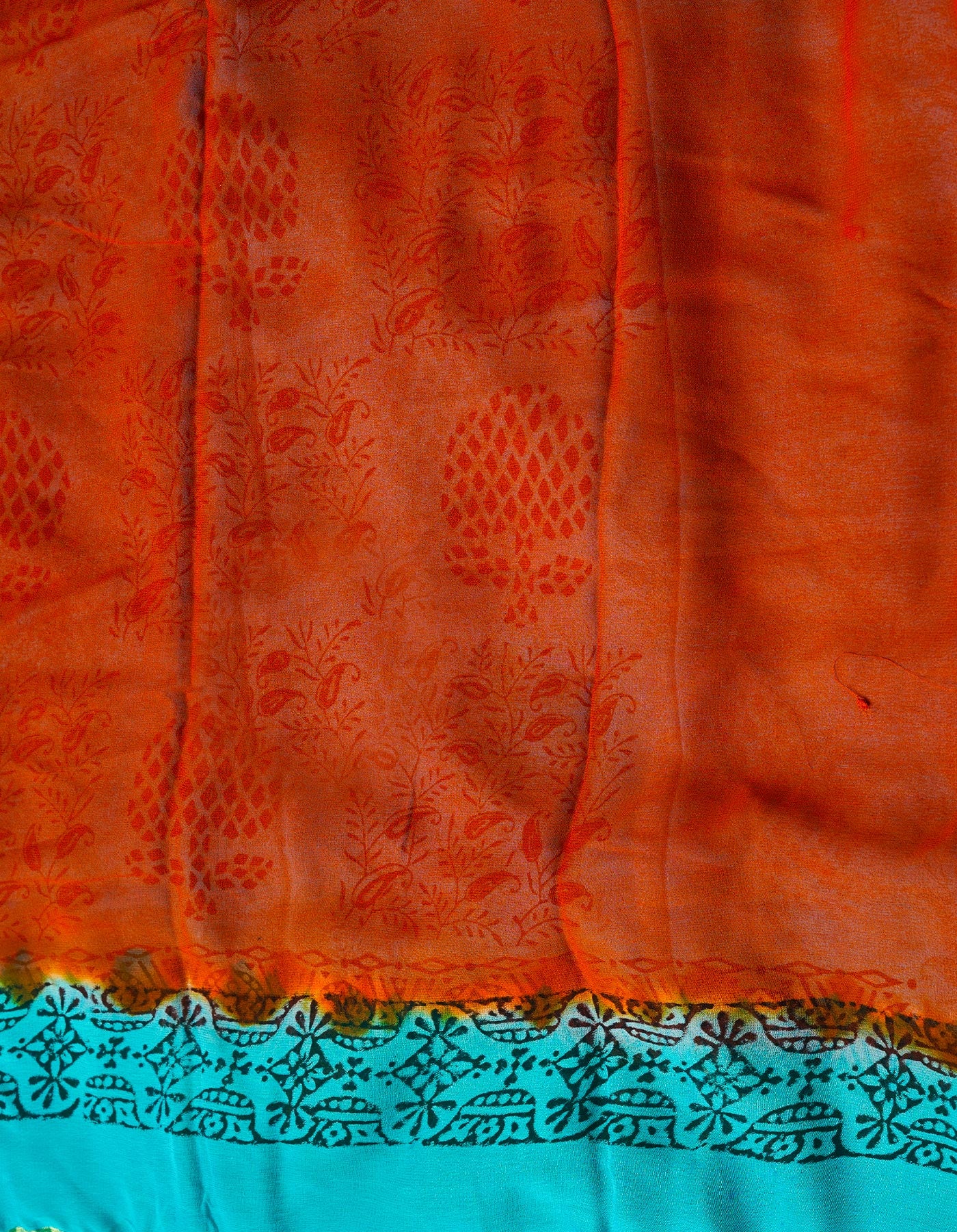 Blue-Brown Georgette Rapid Hand Block Printed Silk Saree