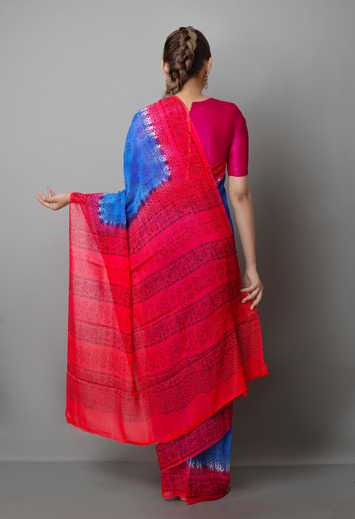 Blue-Pink Georgette Rapid Hand Block Printed Silk Saree