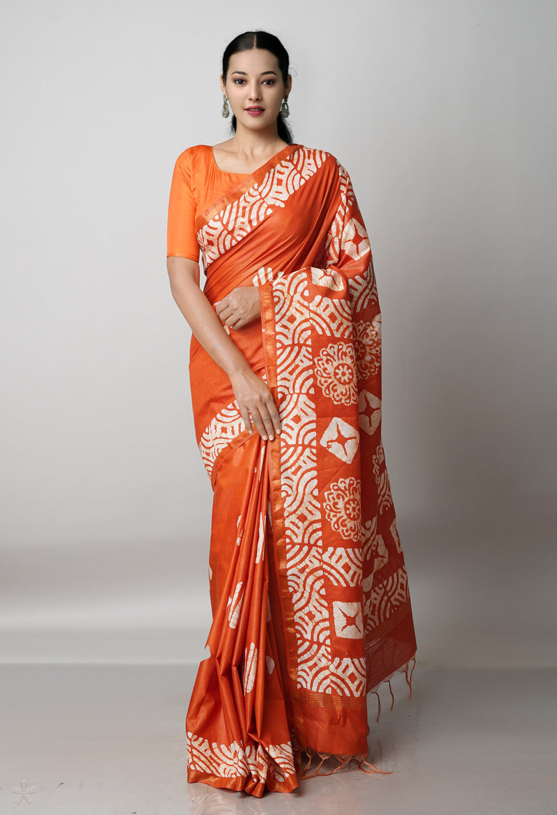 Orange Pure  Batik Chanderi Silk Saree-UNM69039