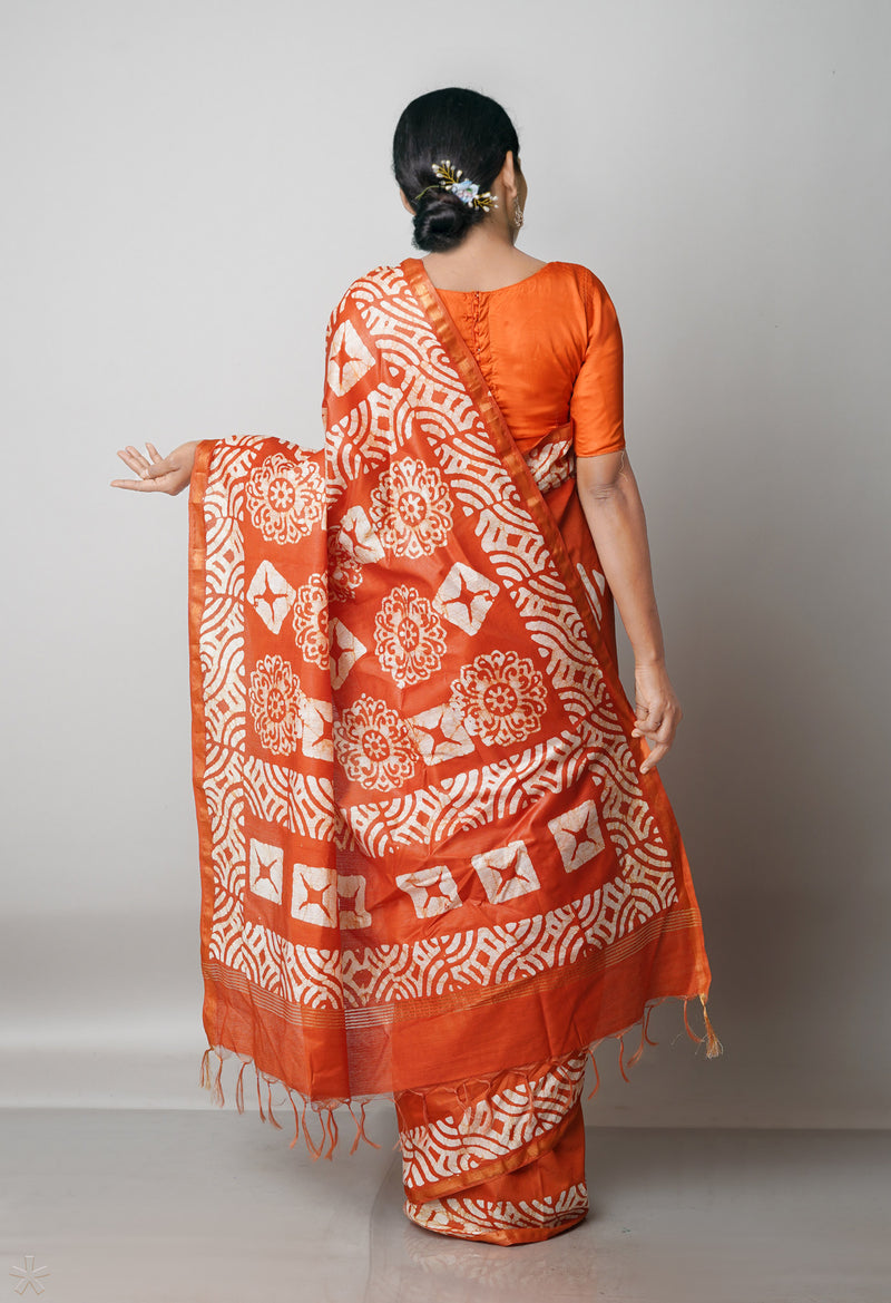 Orange Pure  Batik Chanderi Silk Saree-UNM69039