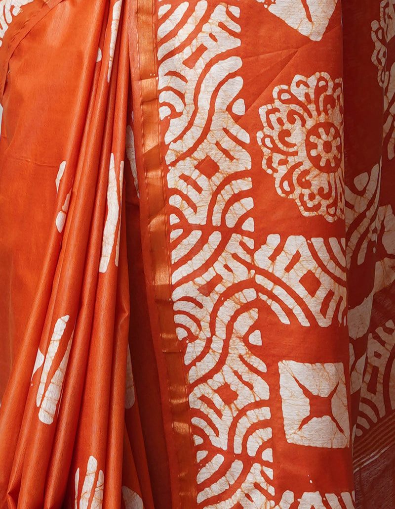 Orange Pure  Batik Chanderi Silk Saree-UNM69039