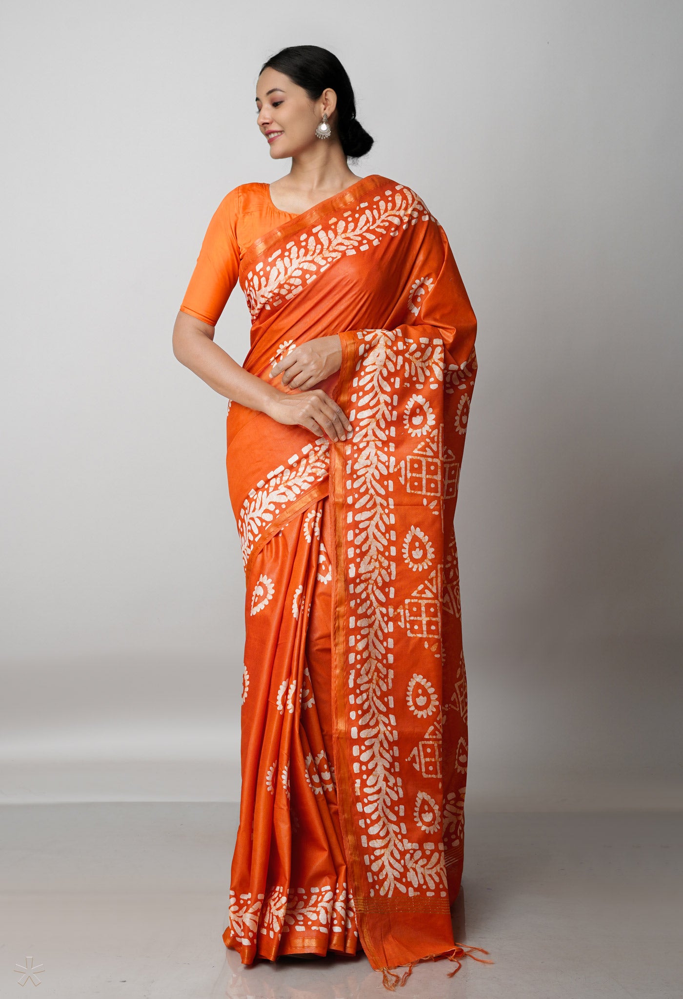 Orange Pure  Batik Chanderi Silk Saree-UNM69048