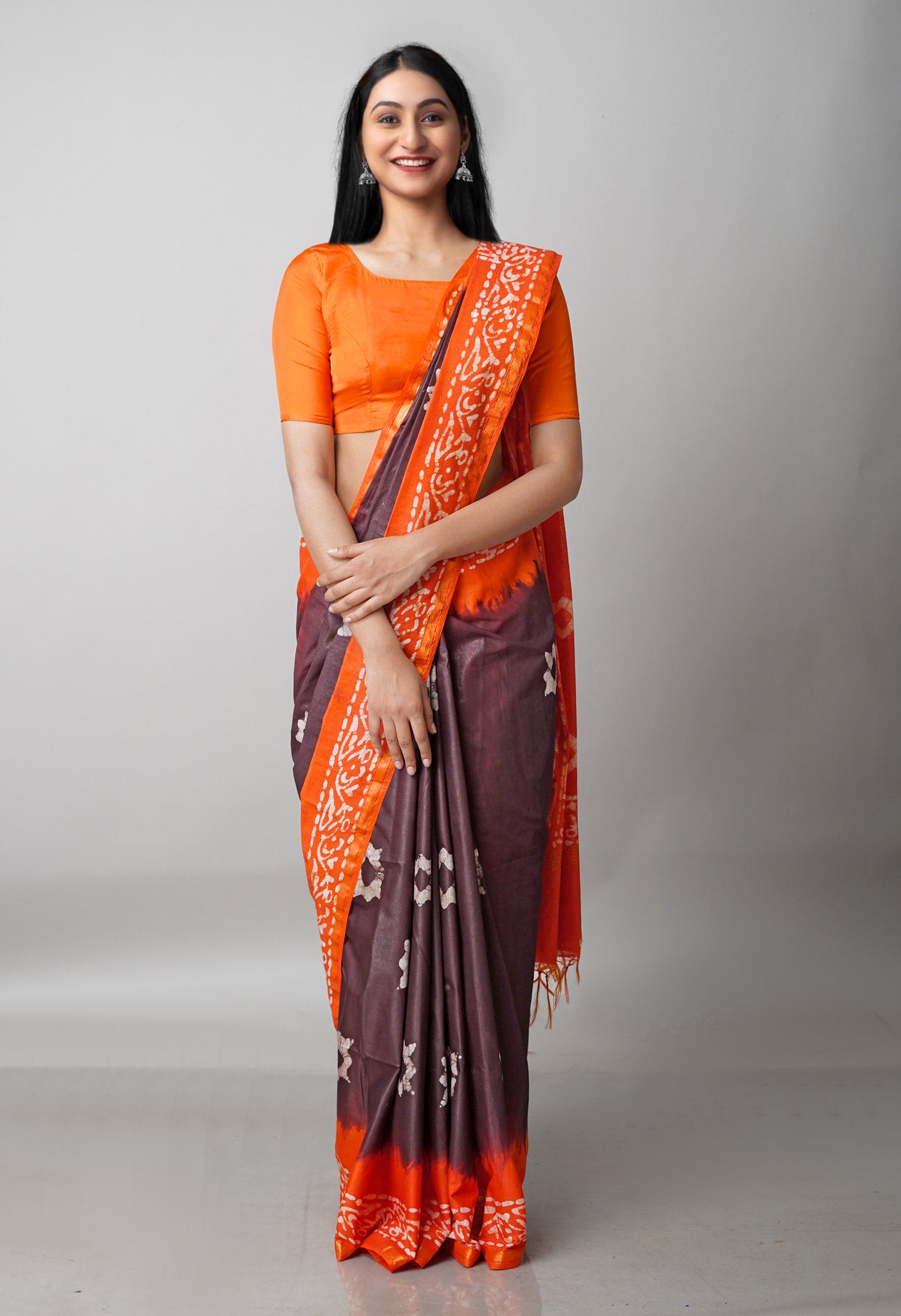 Dark Brown-Orange Pure  Batik Chanderi Silk Saree-UNM69081