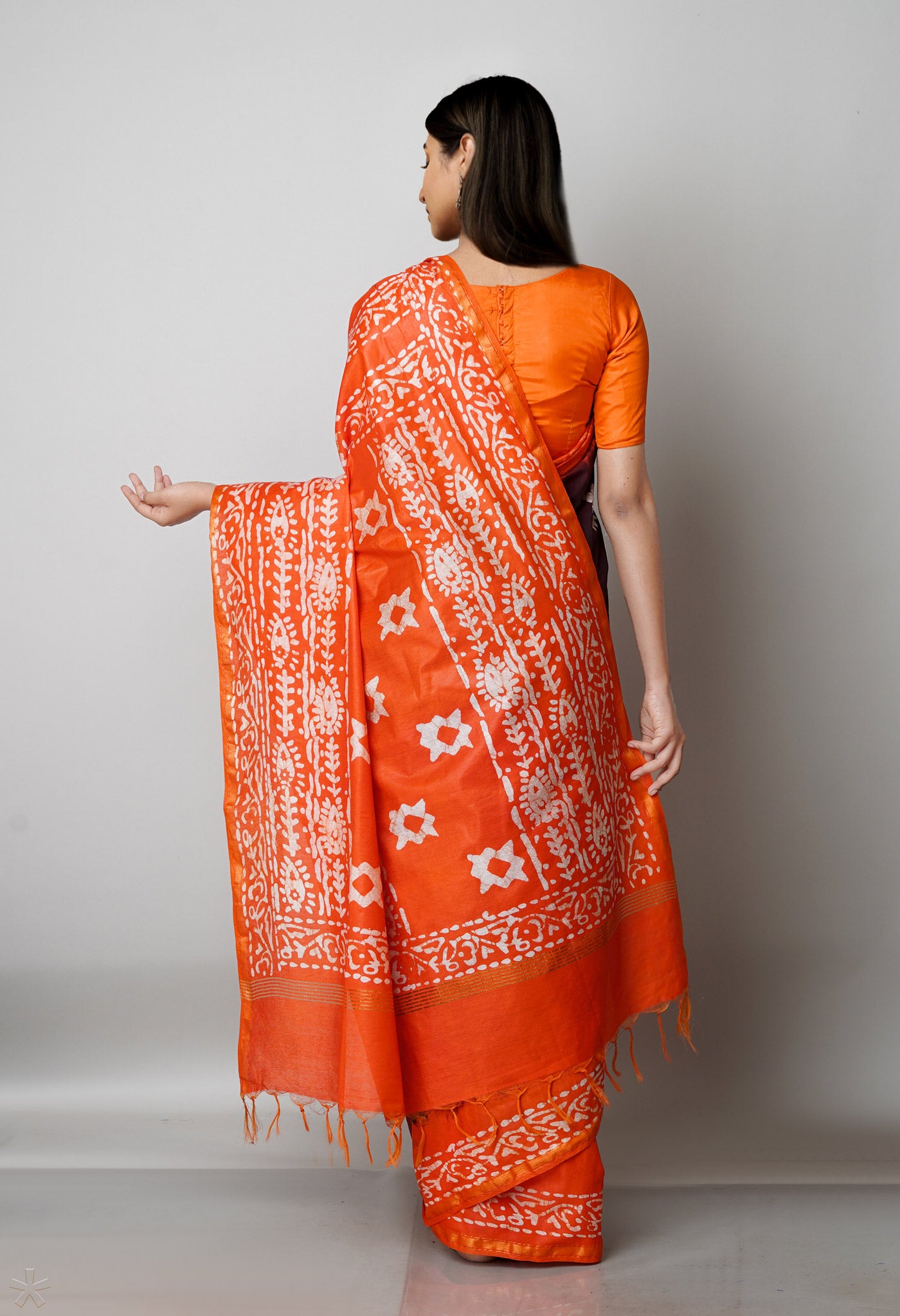 Dark Brown-Orange Pure  Batik Chanderi Silk Saree-UNM69081