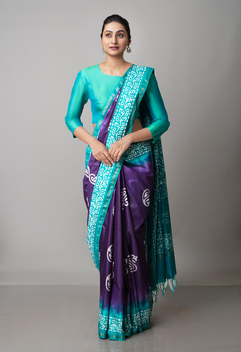 Navy Blue-Green Pure  Batik Chanderi Silk Saree-UNM69083