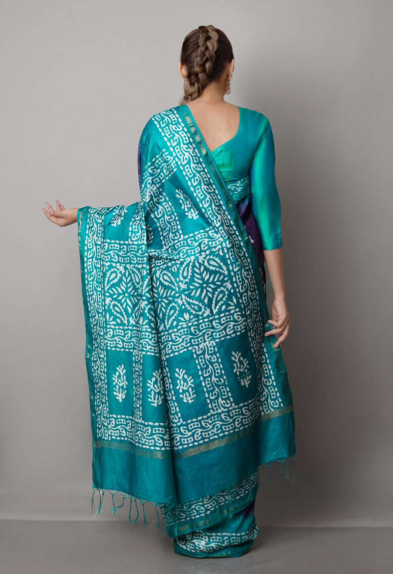 Navy Blue-Green Pure  Batik Chanderi Silk Saree-UNM69083