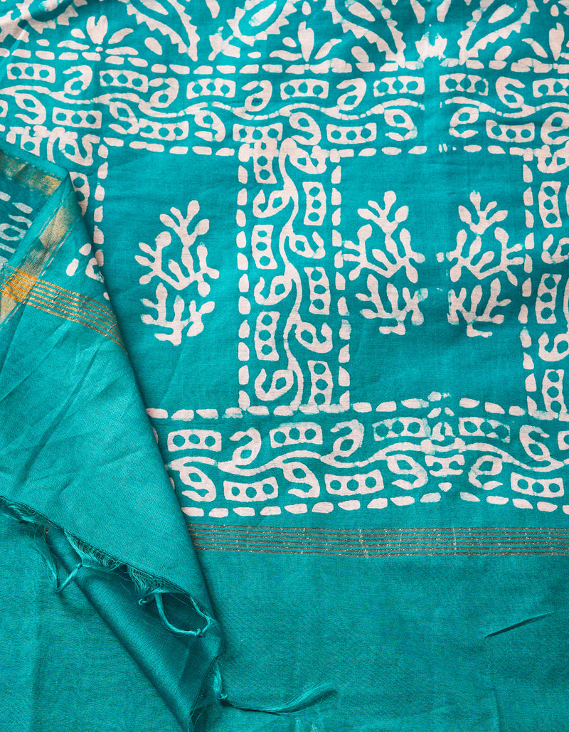 Navy Blue-Green Pure  Batik Chanderi Silk Saree-UNM69083