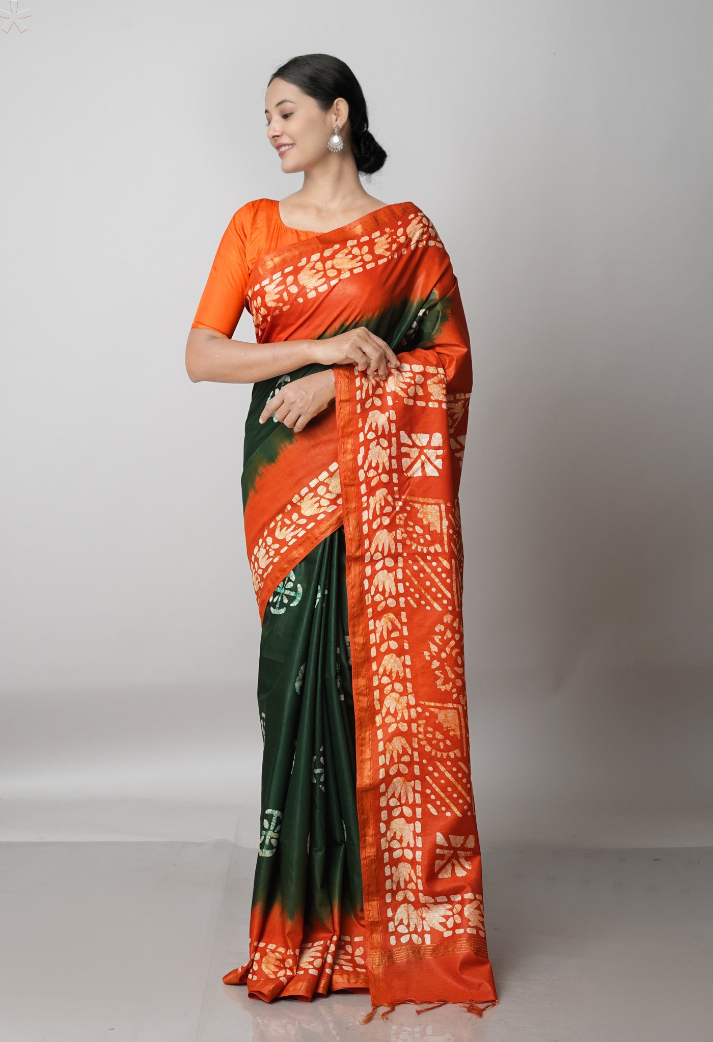 Dark Green-Orange Pure  Batik Chanderi Silk Saree-UNM69085