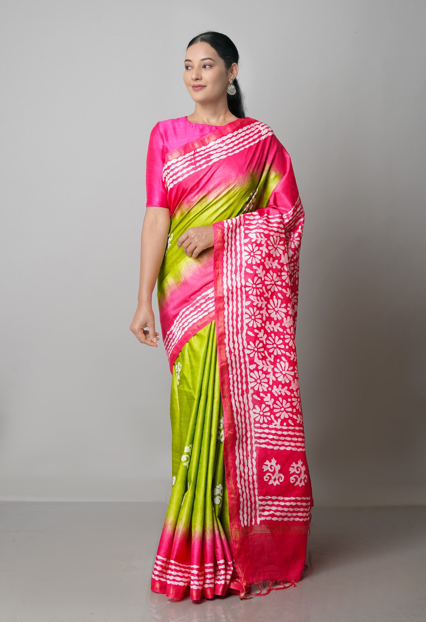 Green-Pink Pure  Batik Chanderi Silk Saree-UNM69086