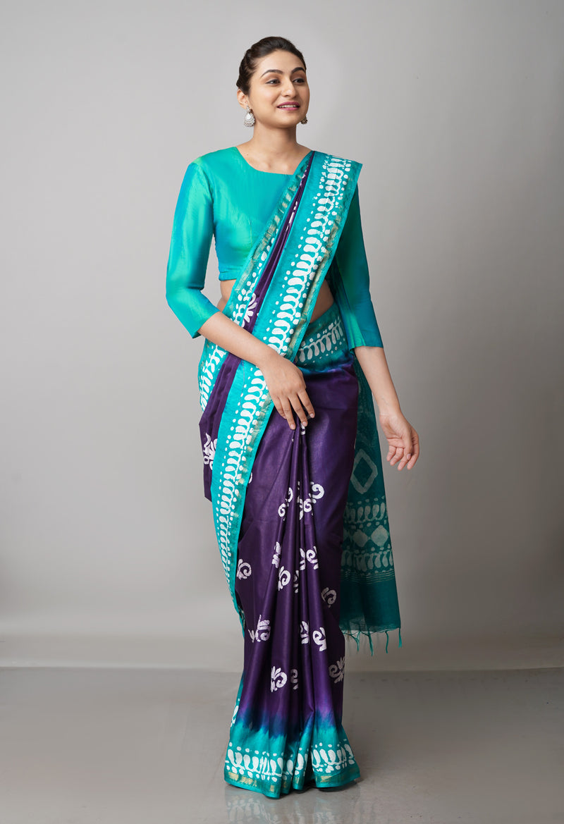 Violet-Green Pure  Batik Chanderi Silk Saree-UNM69088