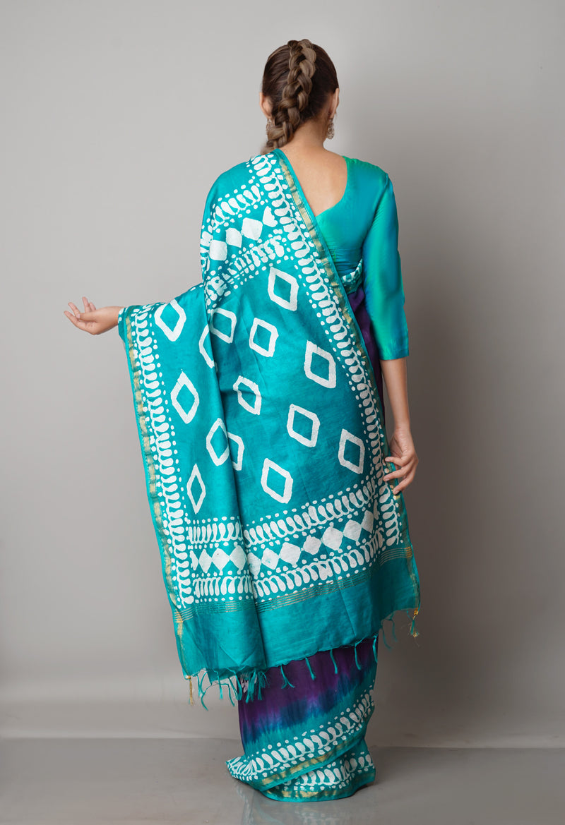 Violet-Green Pure  Batik Chanderi Silk Saree-UNM69088
