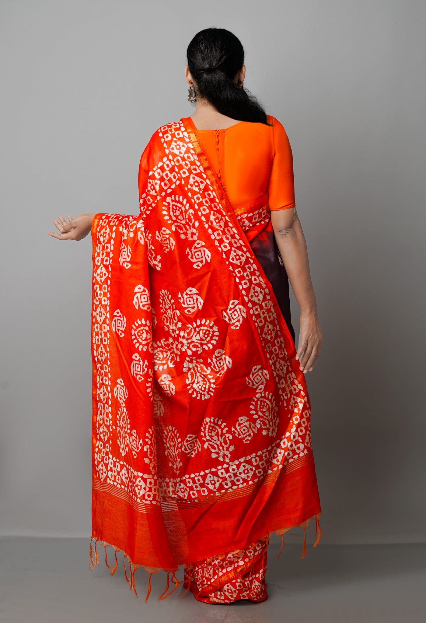 Black-Orange Pure  Batik Chanderi Silk Saree-UNM69091