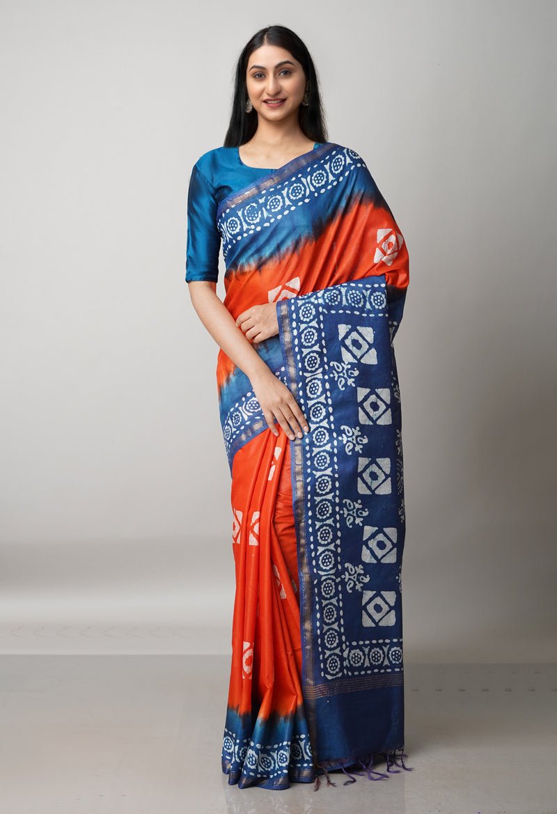 Orange-Navy Blue Pure  Batik Chanderi Silk Saree-UNM69101